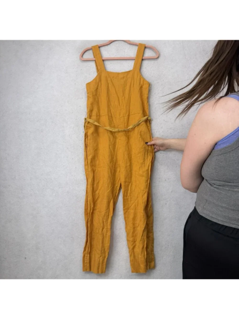 Everlane Jumpsuit Womens 00P Yellow Linen Square Neck Adjustable Straps Casual